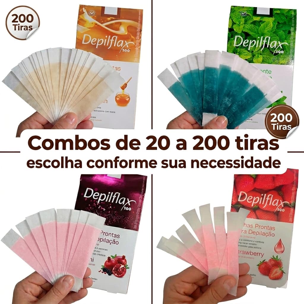 200 tiras (100 duplas) cera para Sobrancelhas facial Depilflax Original Babosa Morango Hortela Mel