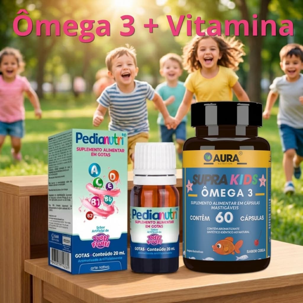 Ômega 3 Supra Kids Mastigável Sabor Cereja 60 Cápsulas + Vitamina Em Gotas Pedianutri - Aura Nutrition