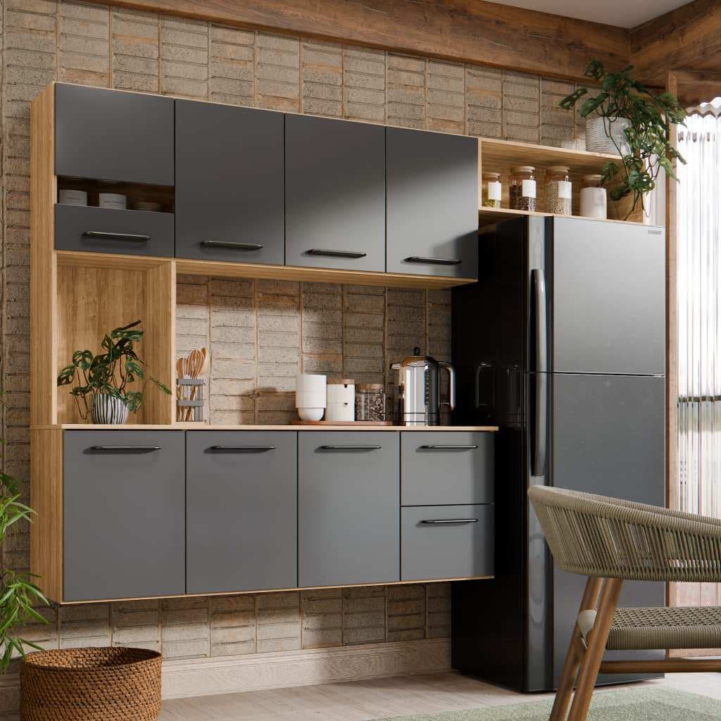 Armário de Cozinha 180cm Aereo Com 7 Portas e Gavetas Moderno e Resistente E Nicho Suspenso Multiuso