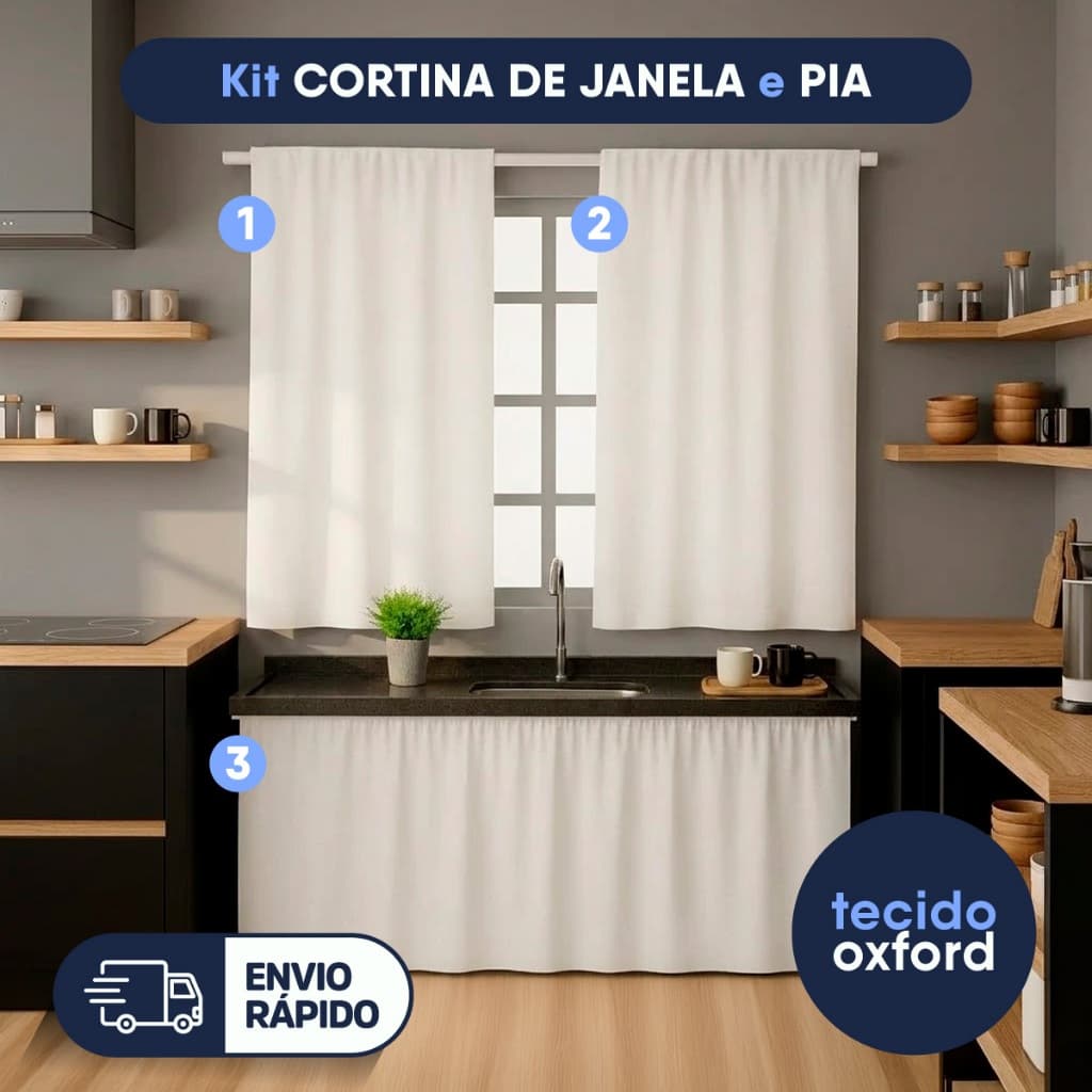 Cortina Pra Cozinha Kit Janela e Pia Simples Oxford
