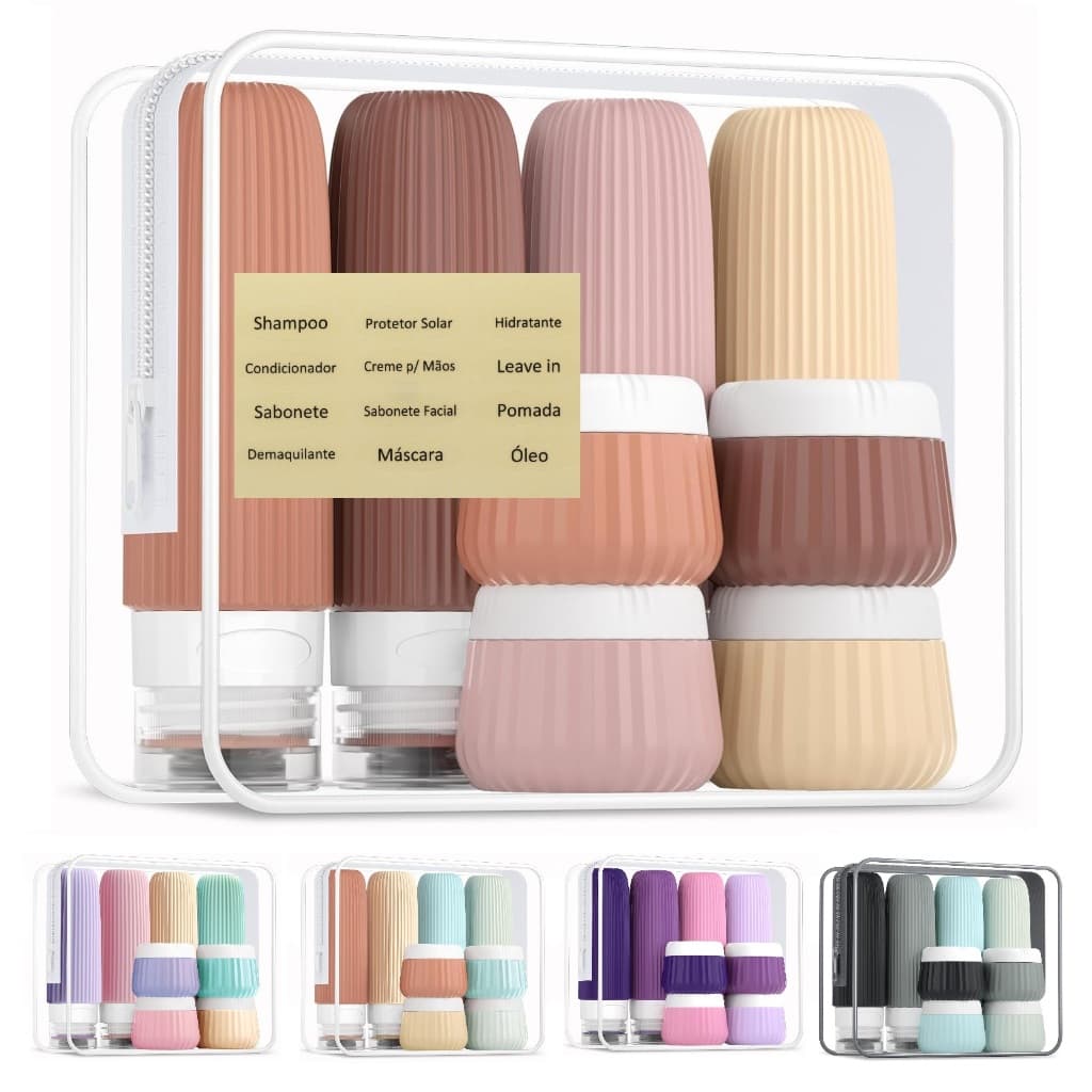 Kit Frascos Potes Viagem Silicone 4x 90ml + 4x 30ml Condicionador Shampoo Creme Cosméticos 8 peças