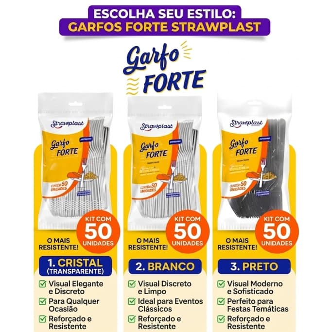 Garfo Forte Descartável Reforçado 50~300 Unidades Cristal e Branco