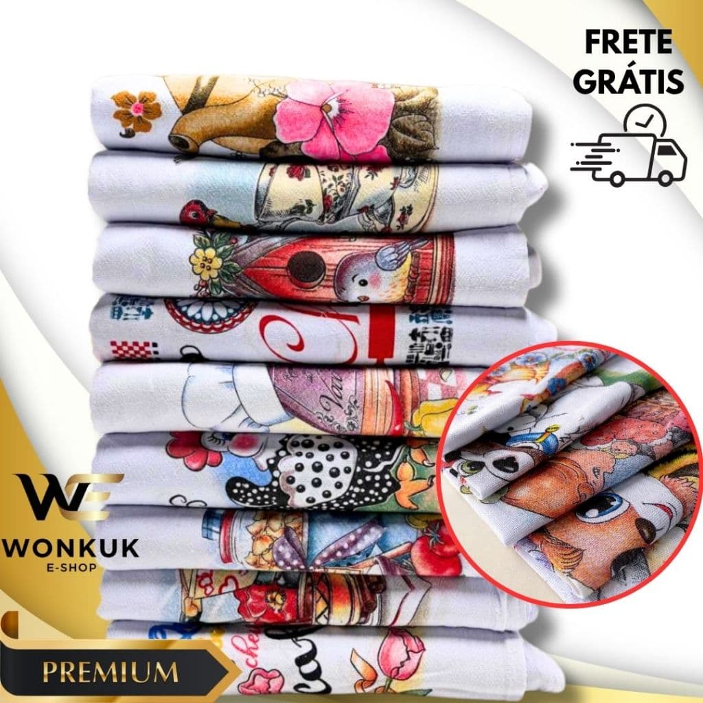 kit Pano de prato de cozinha estampado com bainha 100% algodão peças variadas