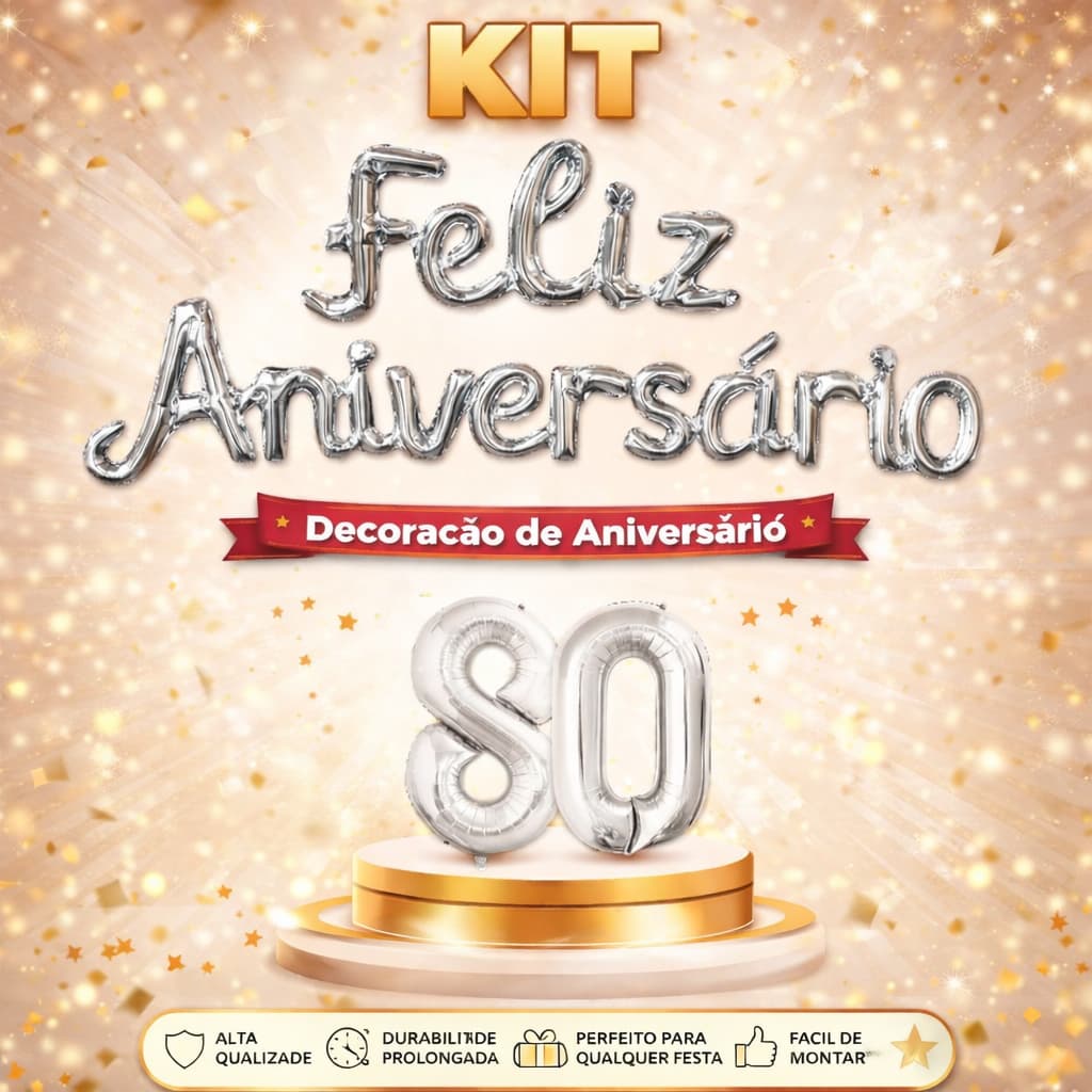 Kit Balão Metalizado Faixa Feliz Aniversário + 2 Números 40 cm Prata