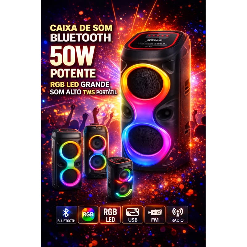 Caixa de Som Bluetooth 50W Potente RGB LED Grande Som Alto TWS Portátil USB FM