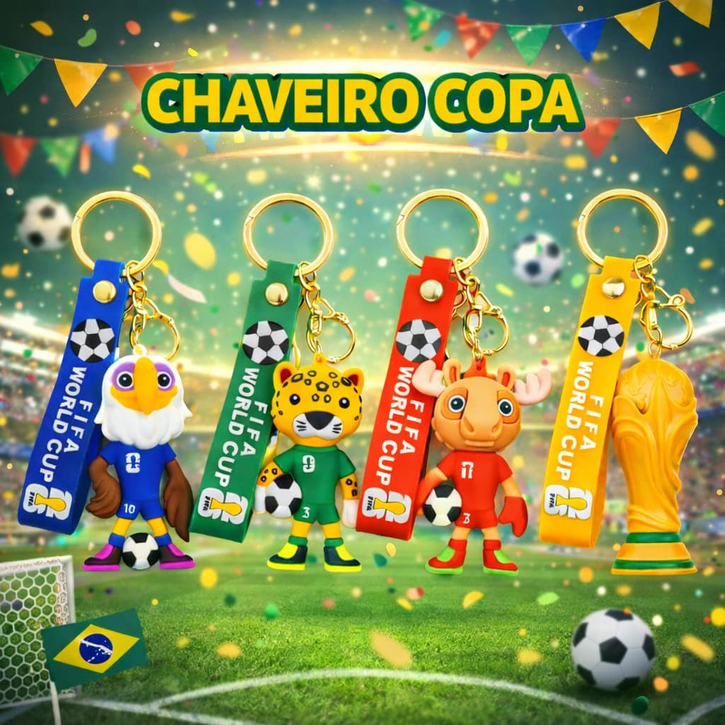 Chaveiro Copa do Mundo Mascotes Futebol + Troféu – Silicone Premium, Resistente, Presente Criativo para Torcedores