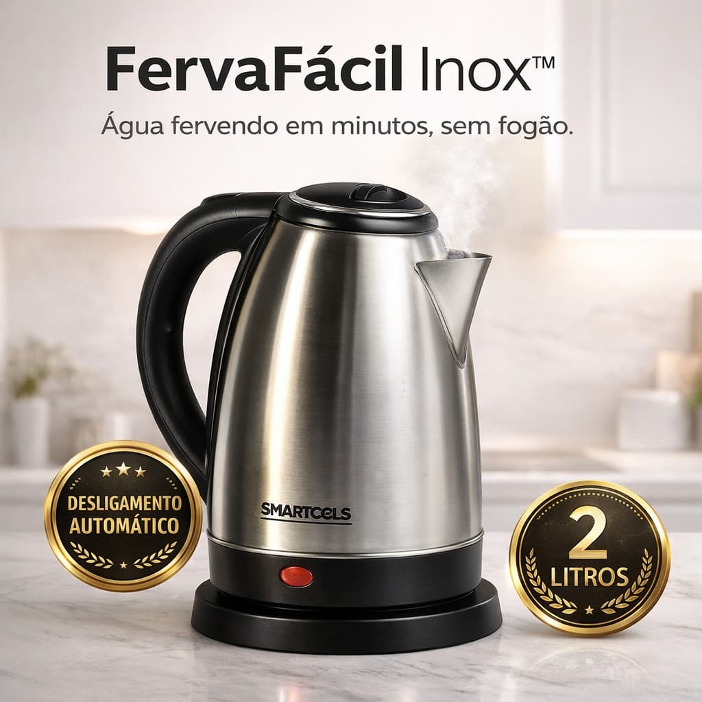Chaleira Elétrica 2 Litros Inox Rápida Potente Design Moderno Base 360º 127V Jarra Agua Quente