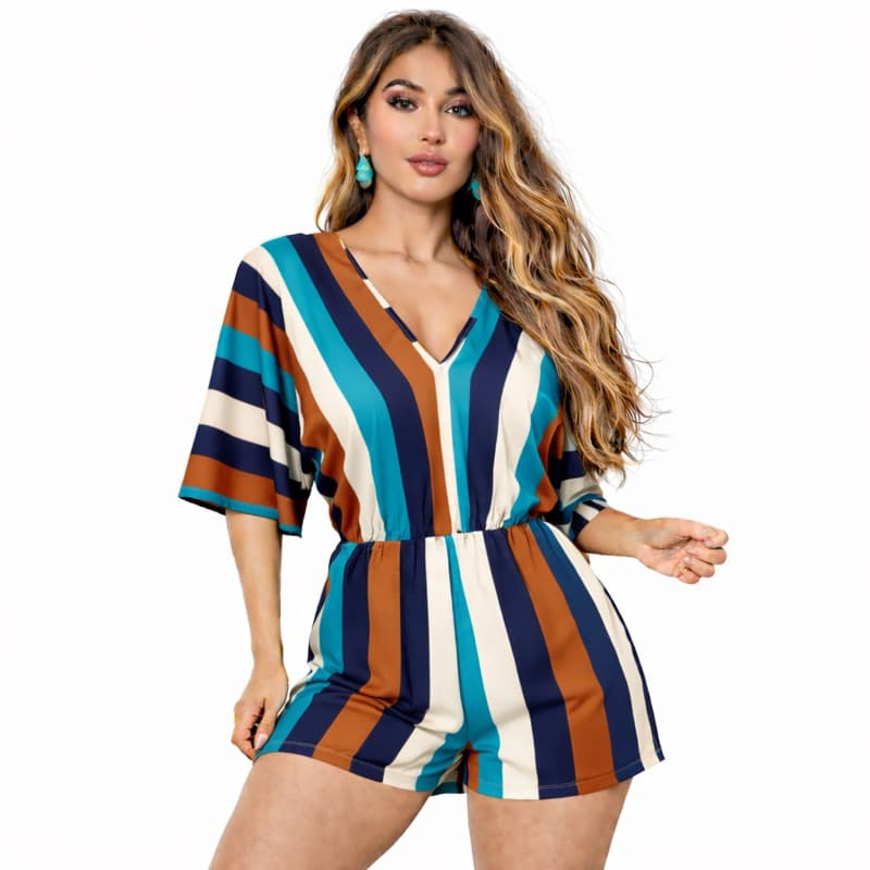 Macaquinho  Envio Rápido de listra grossa Gola V com Manga Flare