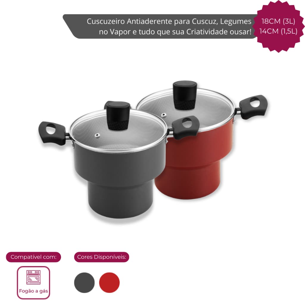 Cuscuzeira Antiaderente 18CM (3L) com Tampa de Vidro Alegrete