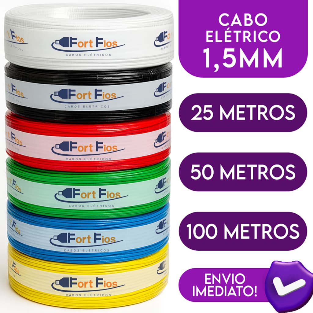 Fio Elétrico 1,5mm Cabo Flexível 1 5mm Rolo Com 25 50 e 100 Metros Anti-chamas 750v