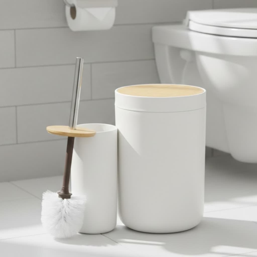 Kit pra Banheiro Bambu 2 Pçs Lixeira Escova Conjuto Lavabo de Vaso Preto ou Branco