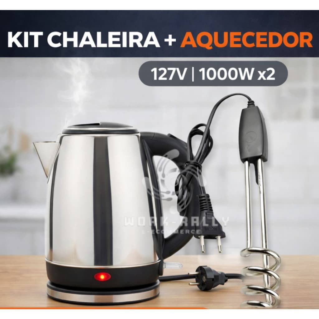 Kit Chaleira Elétrica 2l + Aquecedor de Àgua  Elétrico Ebulidor De 1000w 127v