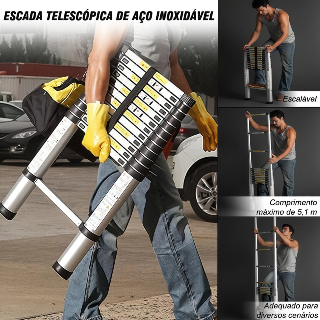 Escada Telescópica De Aço Inoxidável Multifuncional 2,6m–5,1m Extensível Portátil Antiderrapante