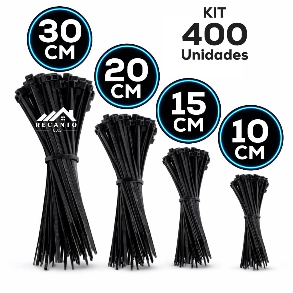 Kit 400 Abraçadeira de Nylon Enforca Gato Braçadeira Cintas Plásticas 10cm - 15cm - 20cm - 30cm - Preta | Branca