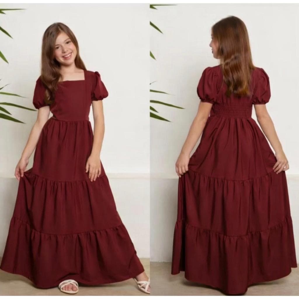 Vestido Longo Juvenil Menina Manga curta princesa bufante Moda Evangélica tres marias