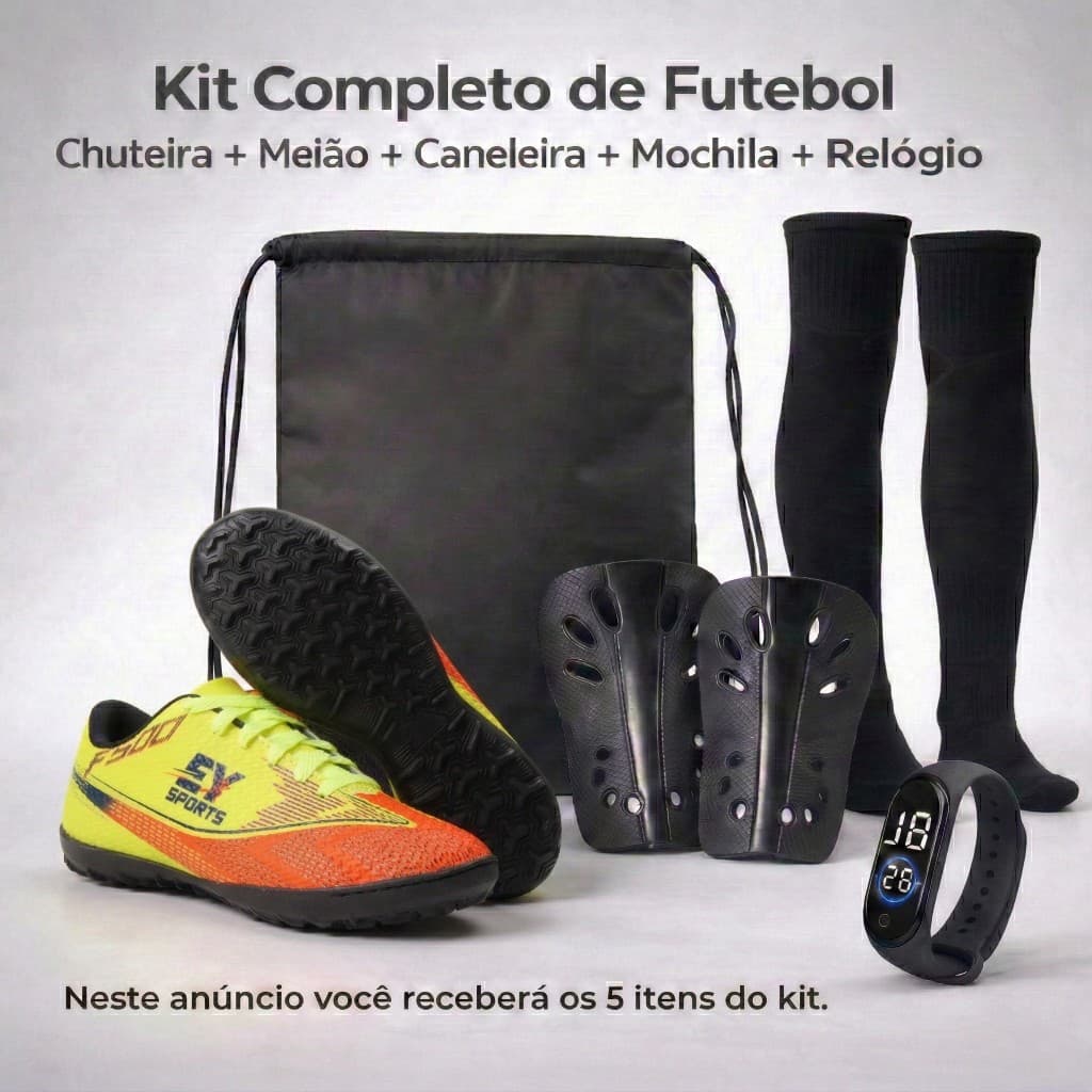 Kit Completo de Futebol Society com Chuteira Meião Caneleira Mochila e Relógio Digital