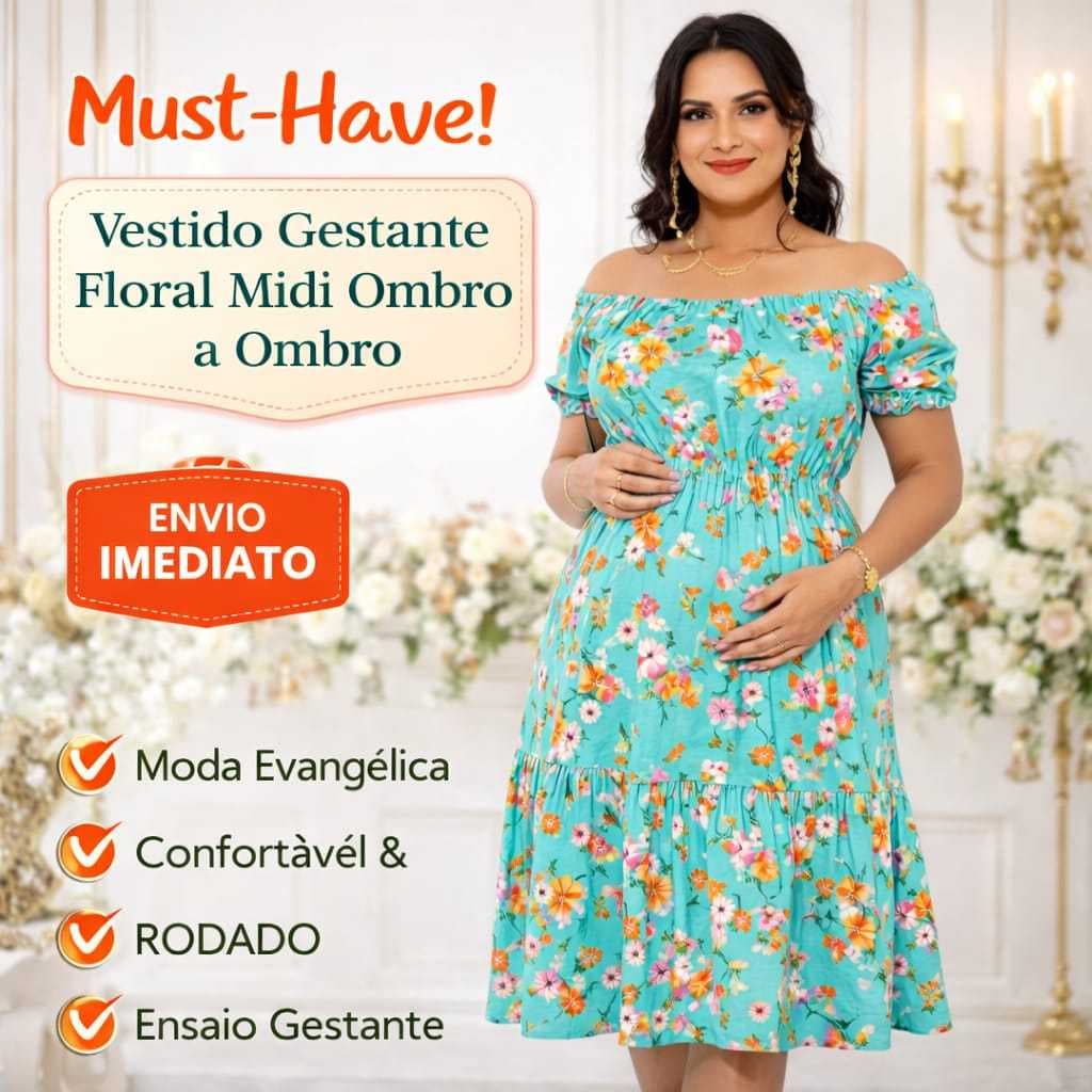 Vestido Gestante Midi Floral Ombro a Ombro Soltinho leve Confortável Gravidez Ensaio Gestante envio imediato