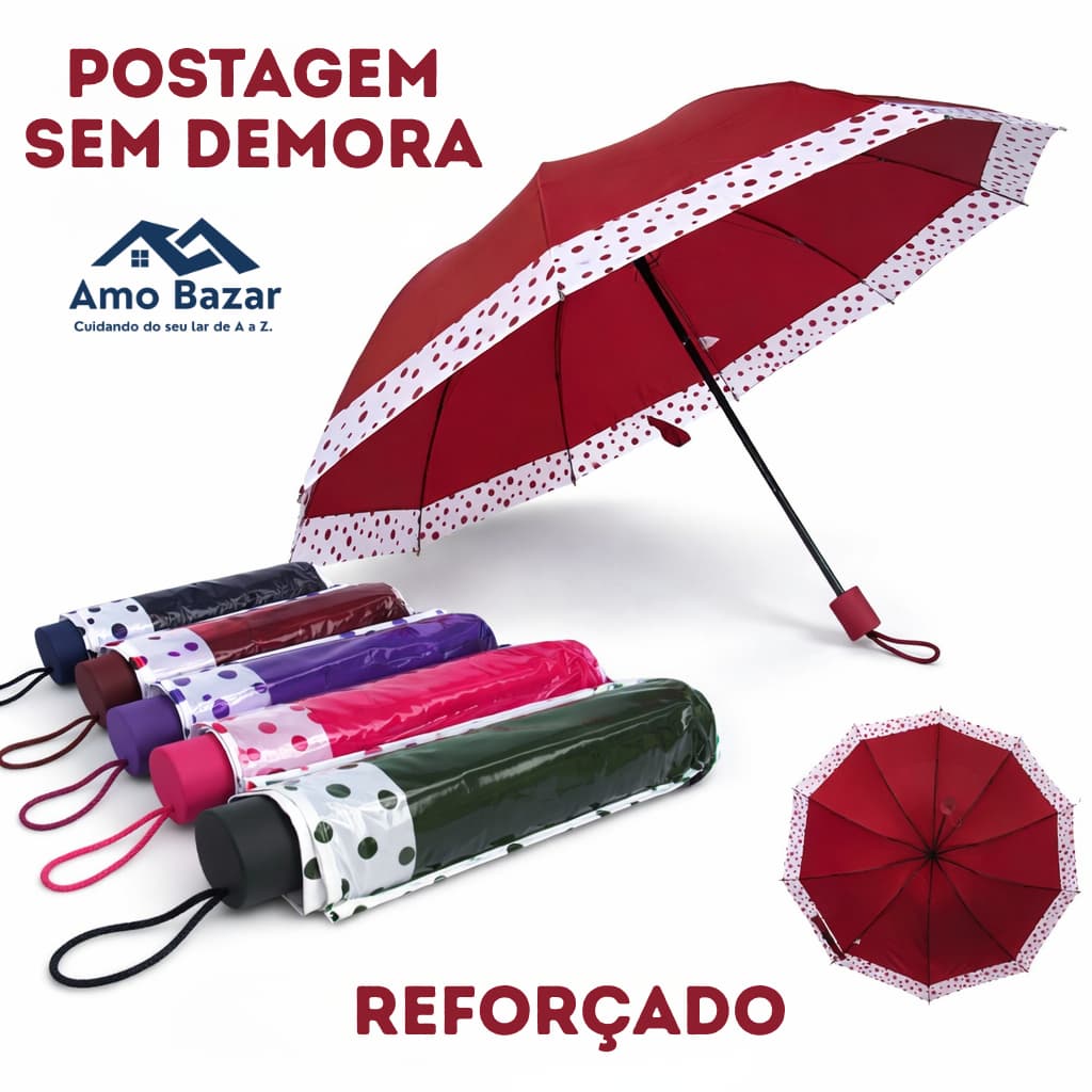 Guarda-Chuva Sombrinha Grande Portátil de Bolinhas Anti Vento Reforçado Compacto Protege Sol e Chuva