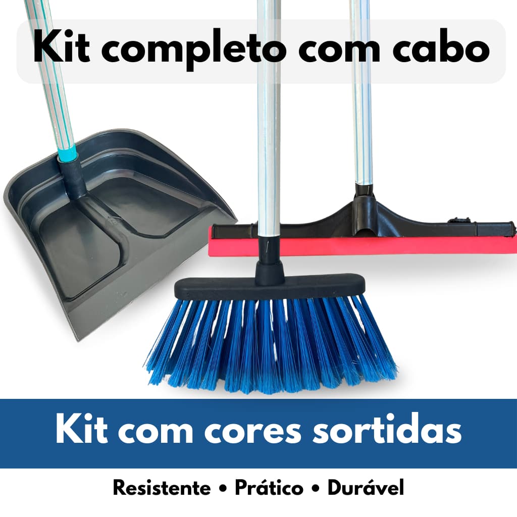 Kit Vassoura Rodo 40cm e Pá de Lixo Com Cabo 60cm Cores sortidas Resistente Limpeza Geral