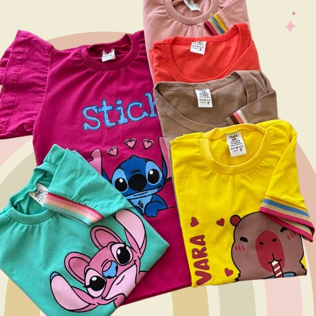 kit 5 Tshirt infantil blusinha feminina manguinha bufante + barrinha colorida estampas cores blusa