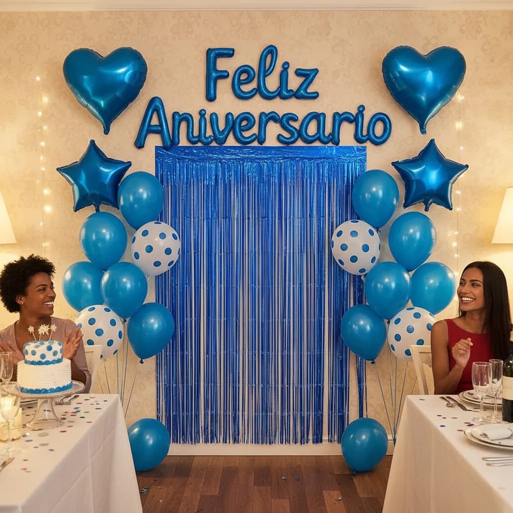 Kit Decoração Festa Aniversário 26 Pçs Balão Metalizado Azul Cortina Painel Estrela Coração MM-QQ15