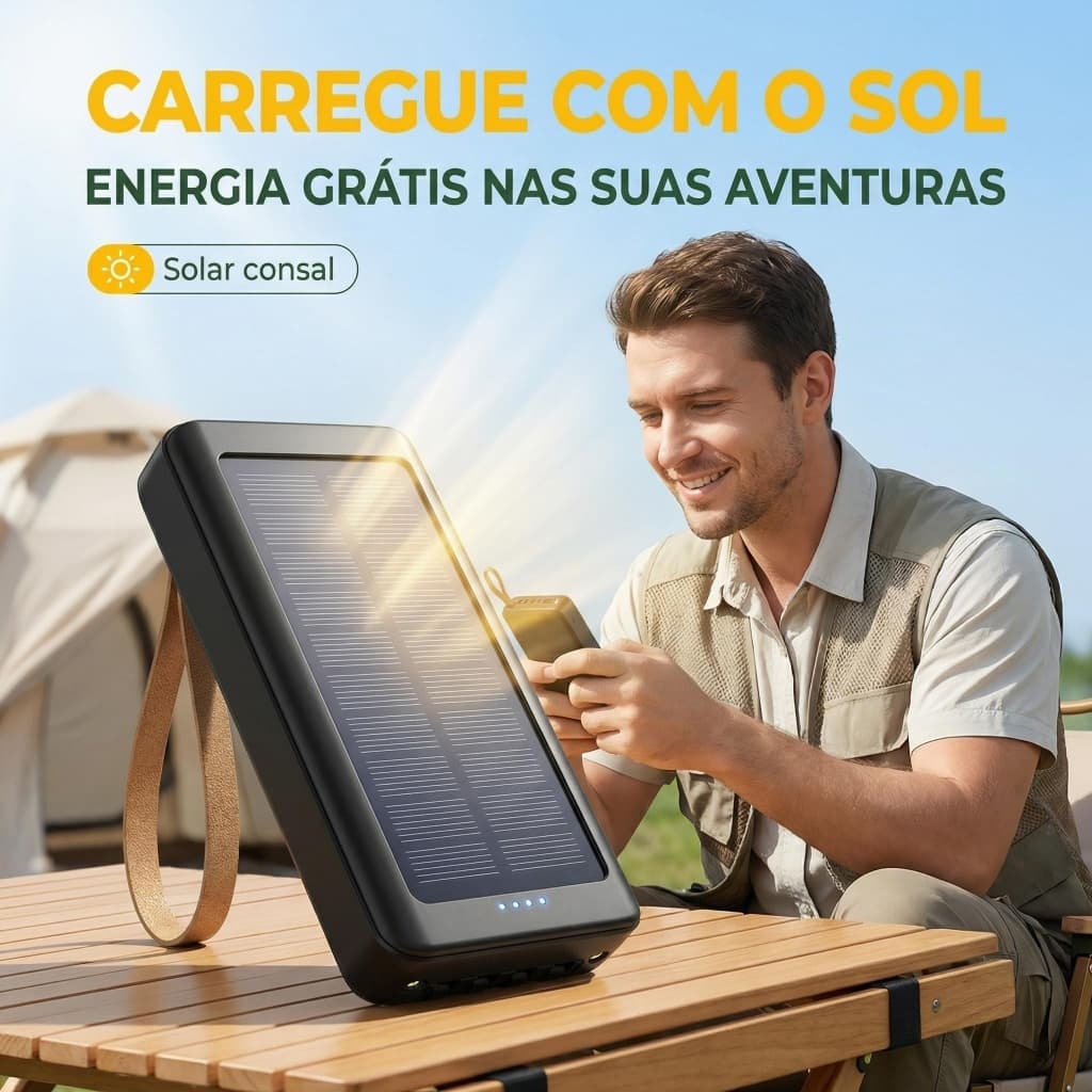 Carregador Portátil Power Bank Solar 20.000mah Com cabos 5 Em1 LED lanterna