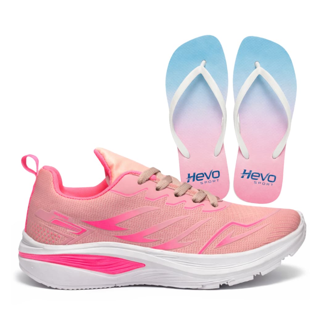 Kit Tênis e Chinelo Hevo Feminino Esportivo Treino Caminhada Corrida Academia Lazer Dia a Dia