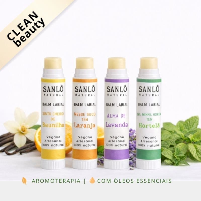 Balm hidratante labial 100% natural, vegano e antioxidante|karité, cacau, laranja, baunilha, lavanda e hortelã-pimenta