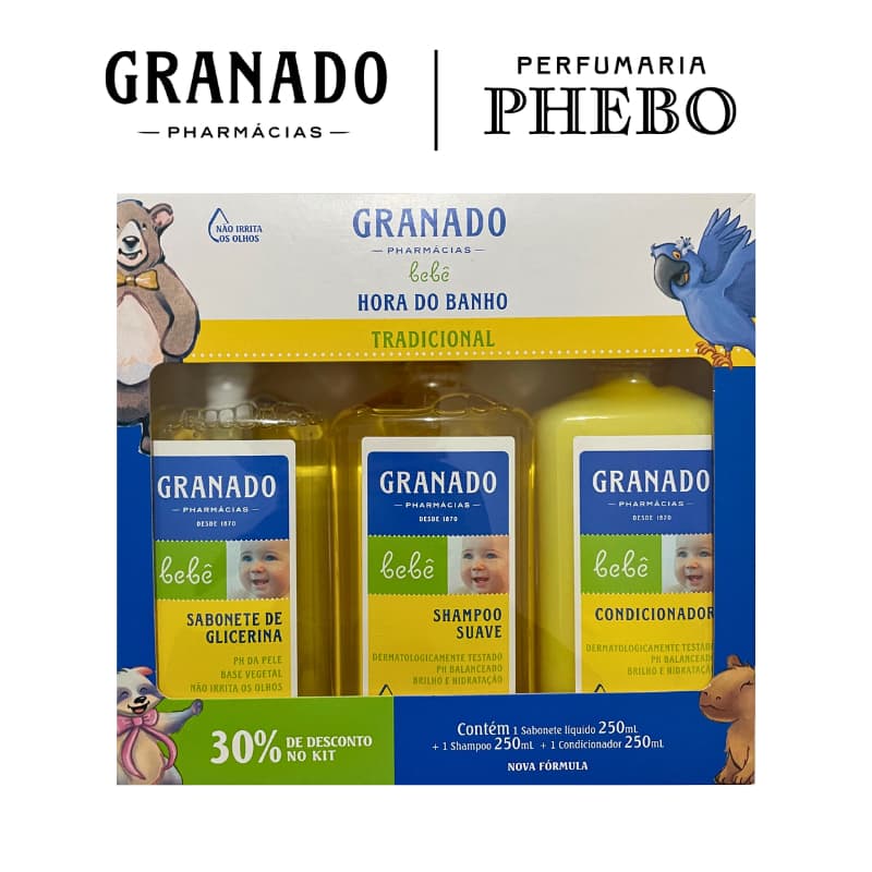 Kit Banho Granado Bebê Tradicional Sabonete Glicerina Shampoo Suave Condicionador 250ml