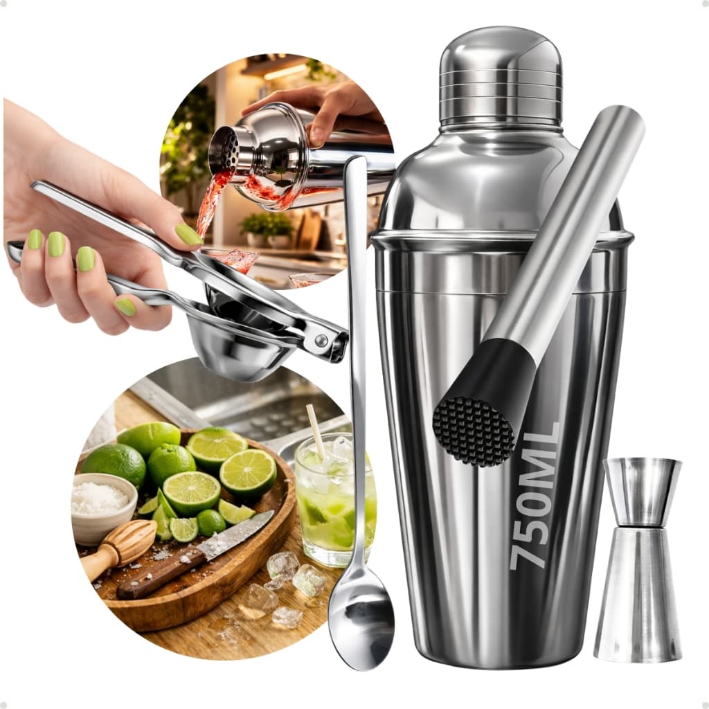 Kit Bartender 750 ml Inox 5 Peças Profissional  Espremedor de limão Coqueteleira Socador Dosador