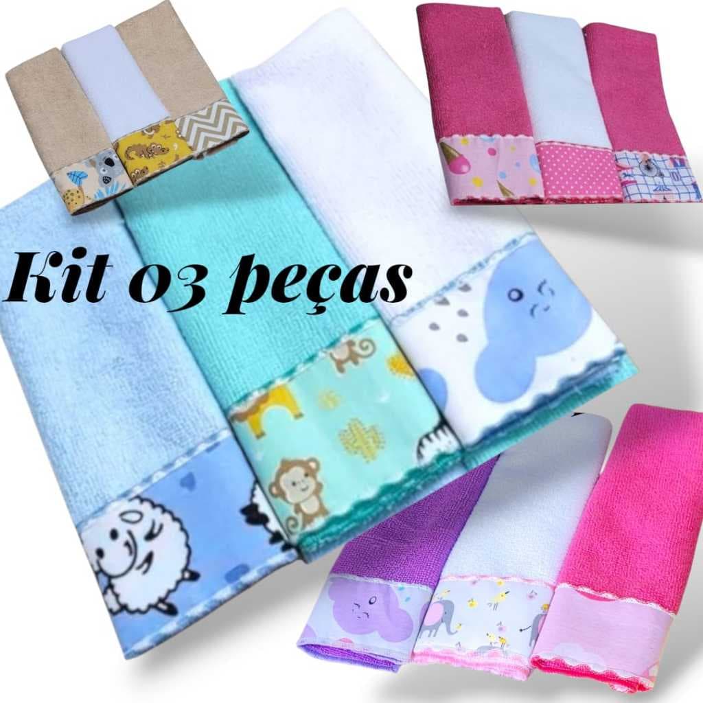 Kit Toalha Ombro Babete 3 e 5 Unidades Bebê Colorido Tecido Felpudo Super Absorvente