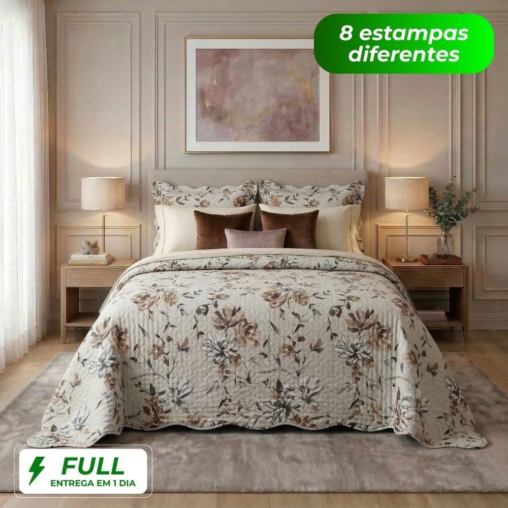 Kit Cobre Leito Colcha Casal Queen King 3 Peças Estampada Florida Matelado Dupla Face Percal Box
