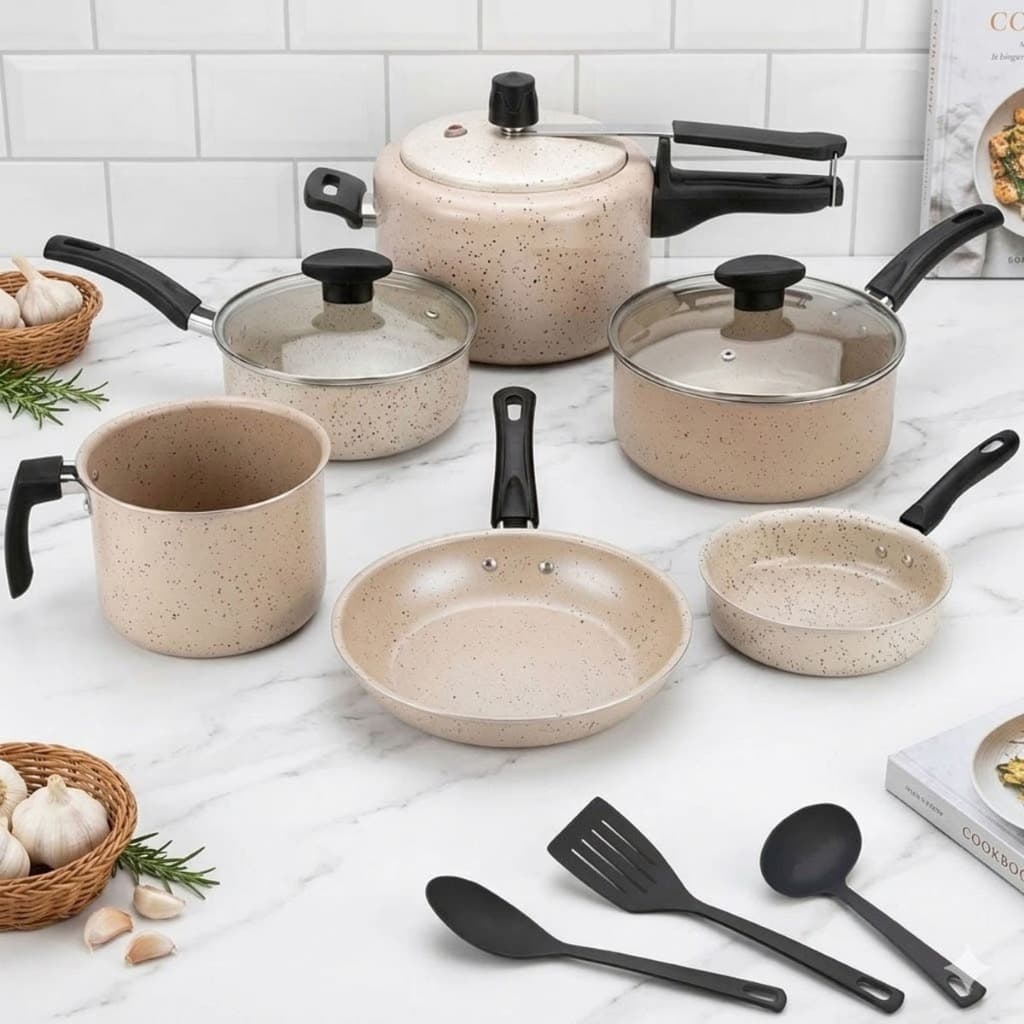 Jogo de Panelas 9 Peças Panela de Pressão 2L Conjunto Kit Teflon Antiaderente Frigideira Caçarola