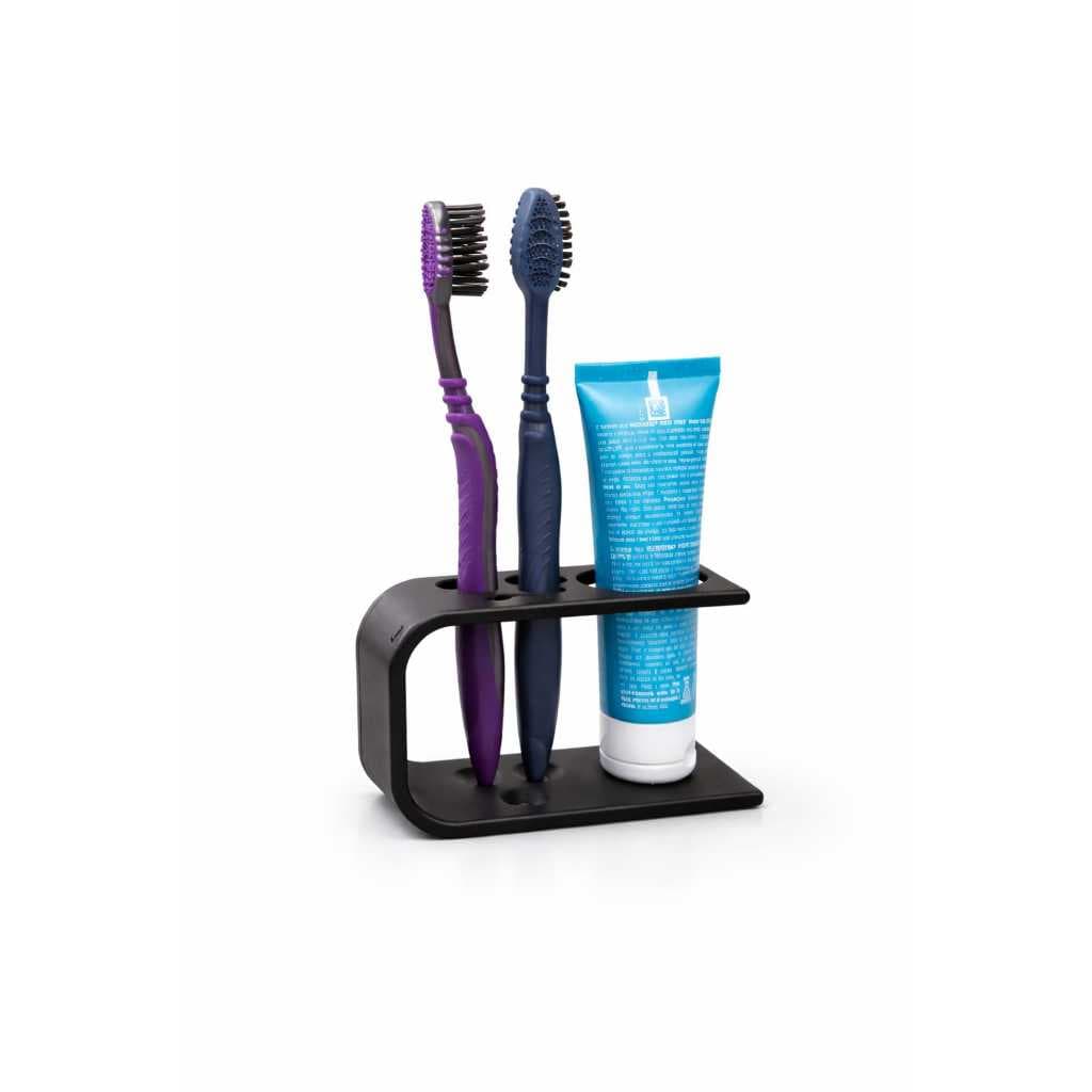 Porta Escova Dente Moderno Plástico Preto 3 Divisões + Creme Dental