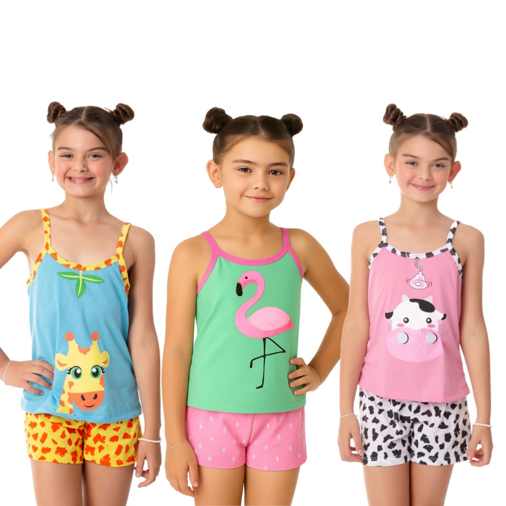 Kit com 3 Pijamas Infantil Menina Verão Uma Estampa de Cada Fofo