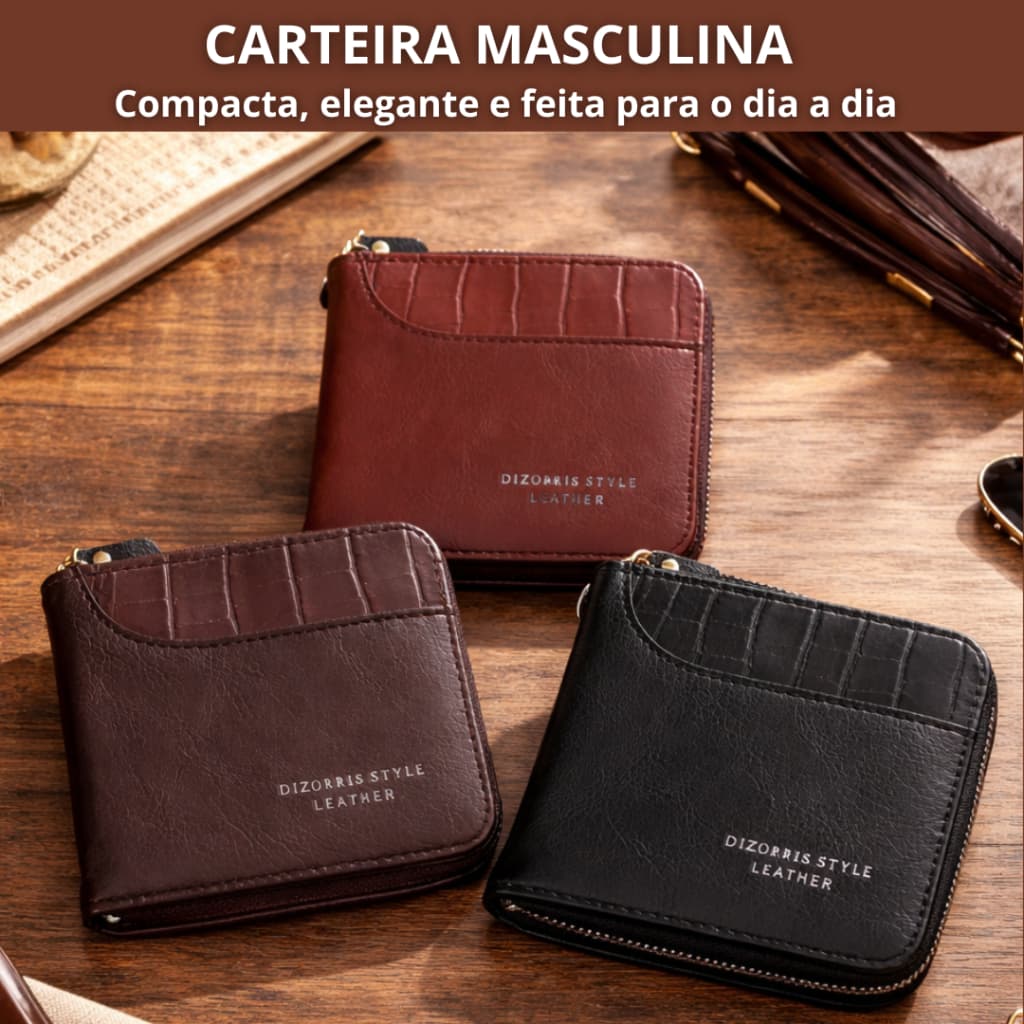Carteira Masculina Com Zíper Vintage Couro PU Porta-Cartões Moedas Elegante Dia dos Pais Presente