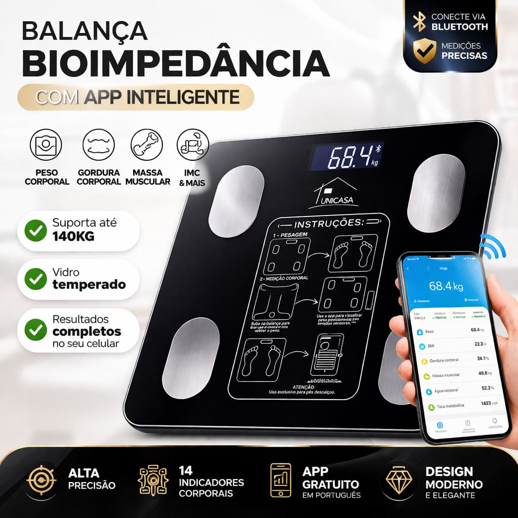 Balança Digital Com Bioimpedância Monitora Gordura e Músculo super precisa Fitness
