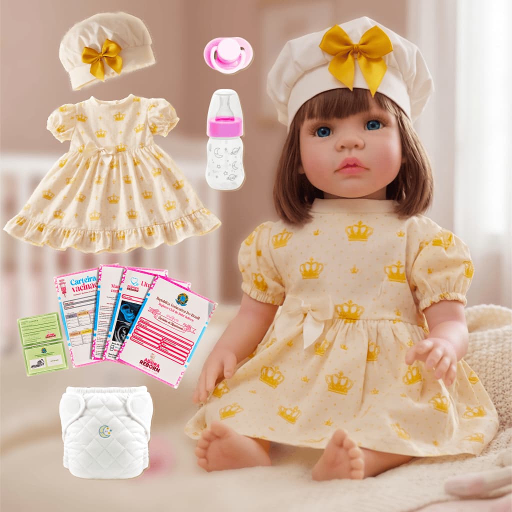 Bebê Reborn Boneca Realista Em Silicone Menina Vestido Coroa Dourada Original Pode dar Banho