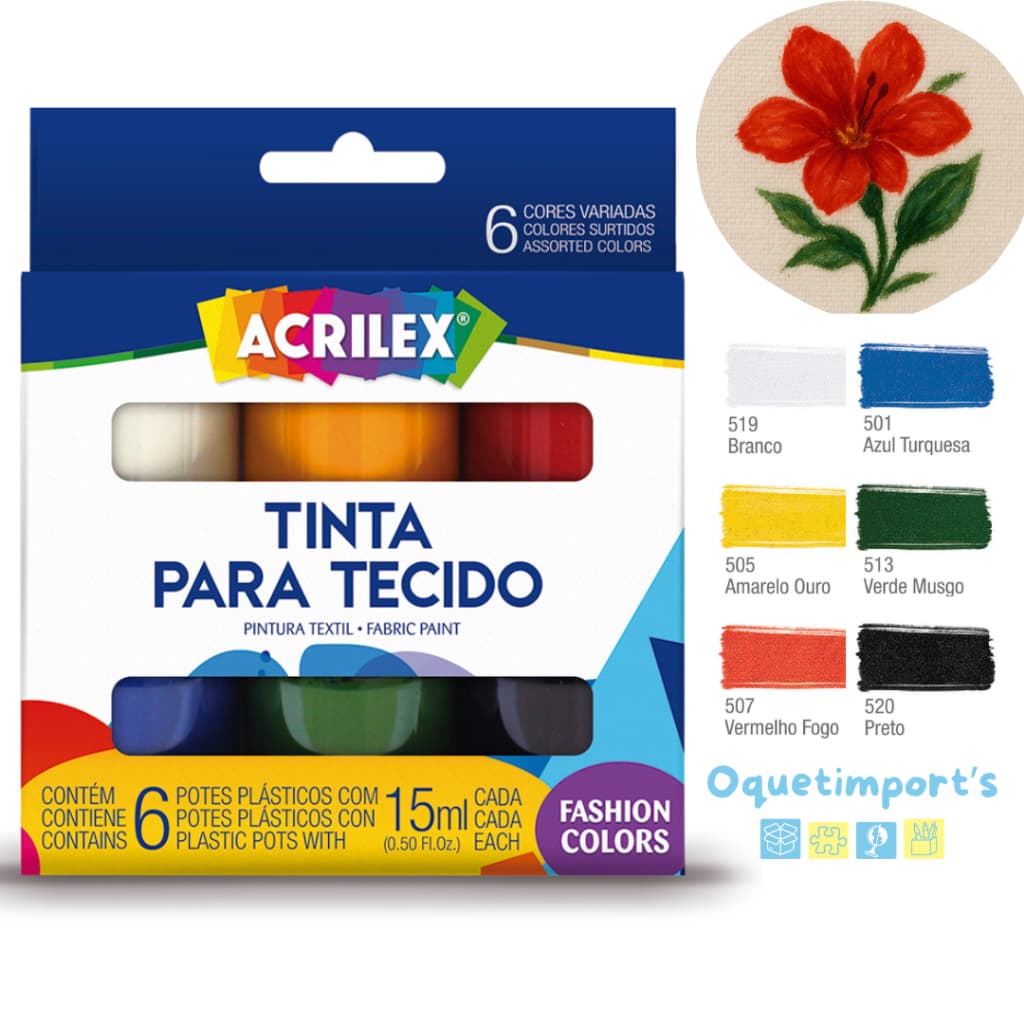 Kit Tinta Para Tecido Fashion Colors 6 Cores Pote 15ml Acrilex