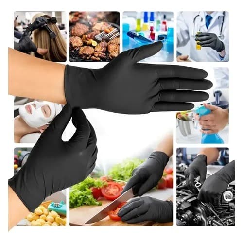 Luva PRETA Nitrilica Descartável Sem Pó Resistente - 100 Unidades