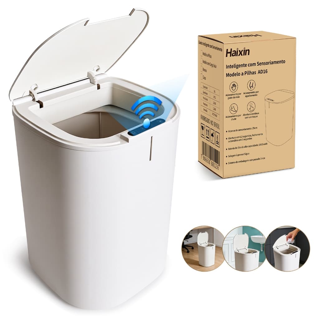 Lixeira inteligente com sensor automático, capacidade de 16 litros, adequada para banheiros, cozinhas e escritórios