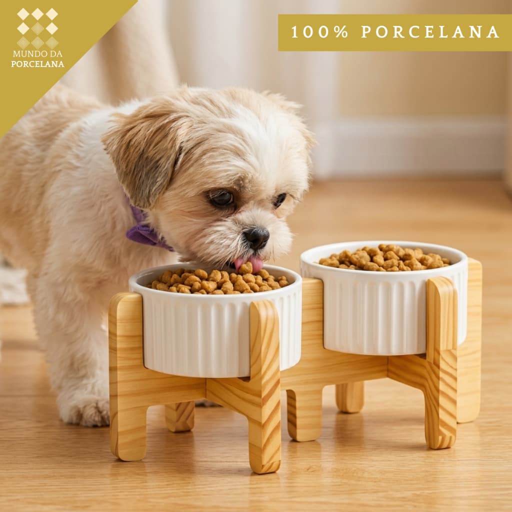 Comedouro e Bebedouro Pet Elevado Duplo Porcelana 320ml Pote Ração Água