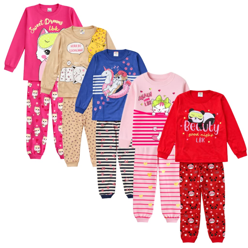 kit sortido pijama infantil 4 peças manga longa 2 calças +2 blusas 100% algodão feminino menina frio