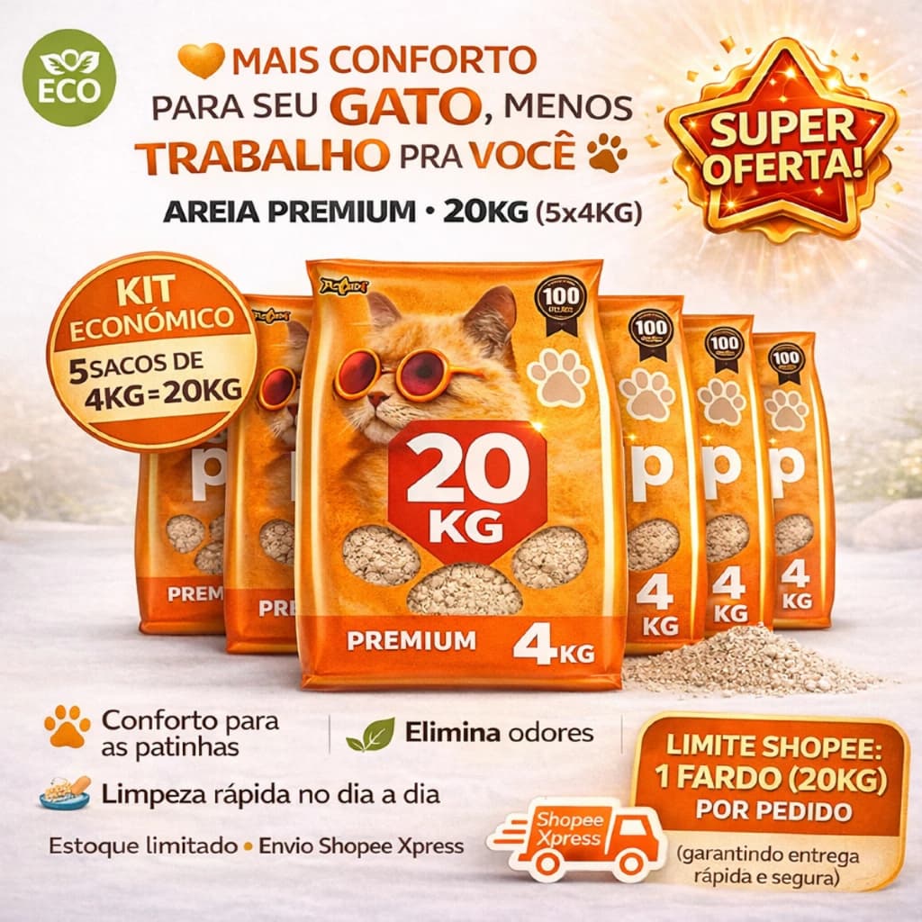 Kit 20 kg Areia de Gato Natural Sanitária Argila Absorvente Ecológica Antiodor Popstar Tradicional