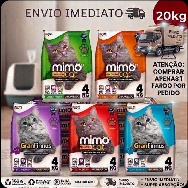 Areia Higiênica Biodegradável para Gatos Mimo Cat 20 kg Alta Absorção, Grãos Finos Argipet