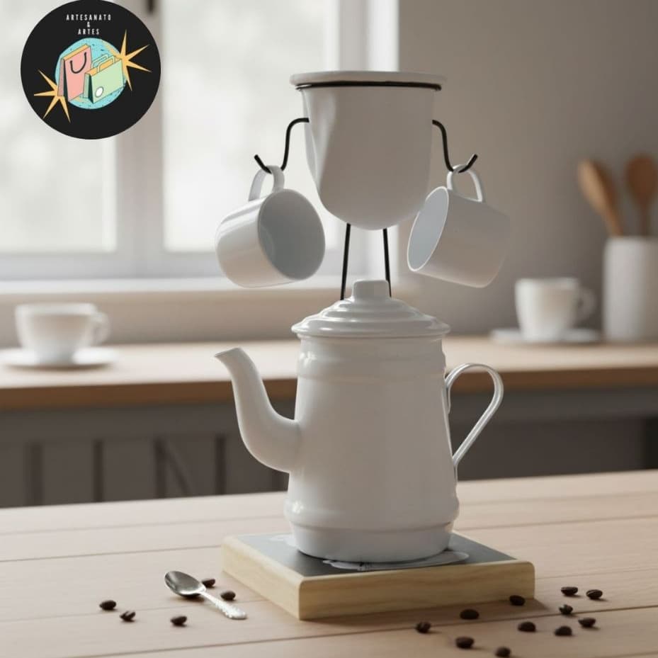 Kit Coador Café Bule Xícaras Color Alumínio Chá Mariquinha Pano