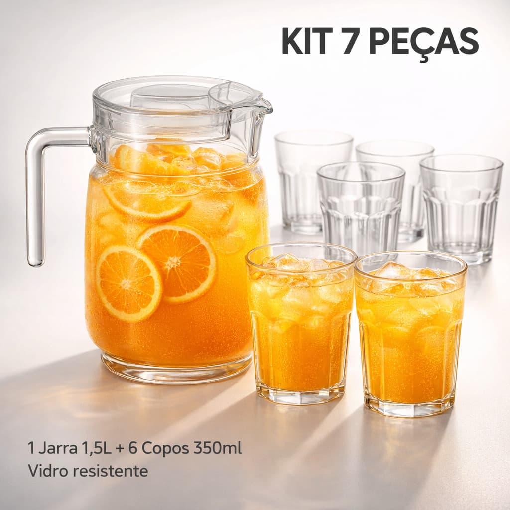 Jarra de 1,5L com Tampa 6 Copos 340ml 7 Peças Vidro Reforçado Conjunto Para Suco Água Restaurante