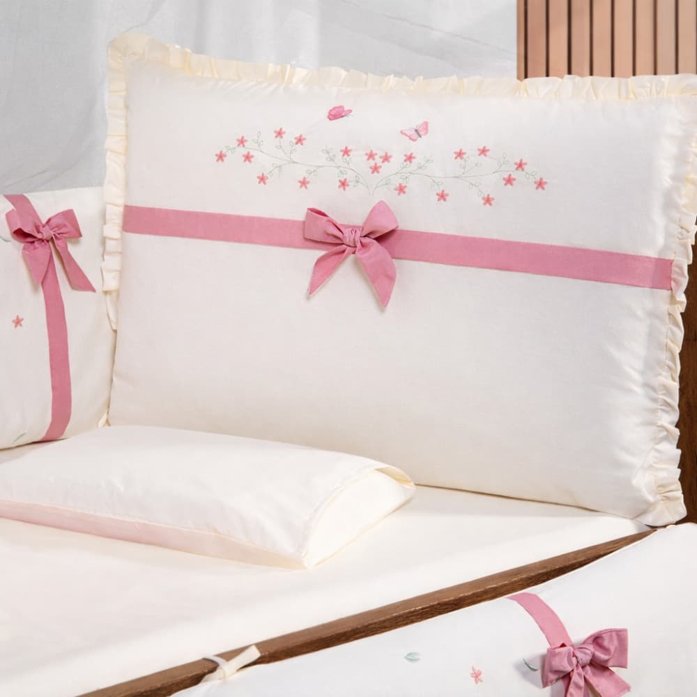 Kit Berço 10 Peças Menina com Laços Rose e Mosquiteiro - Enxoval Completo Brubrelel Baby