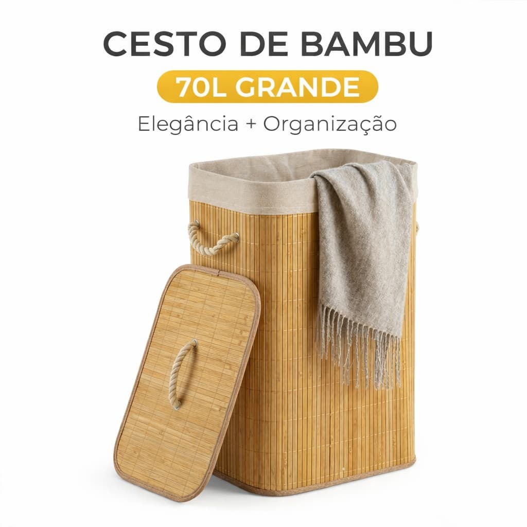 Vittak Cesto de Roupa Suja Bambu 70 LITROS Lavanderia com Tampa Retangular Forrado Quarto Banheiro Dobrável