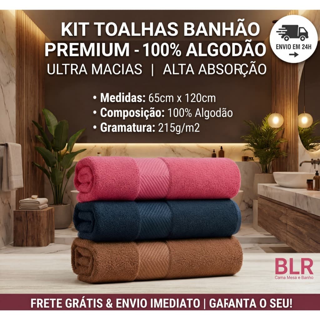 Kit 3 Toalha de Banho Deluxe 100% algodão Alta Absorção 65x120cm Sortidas